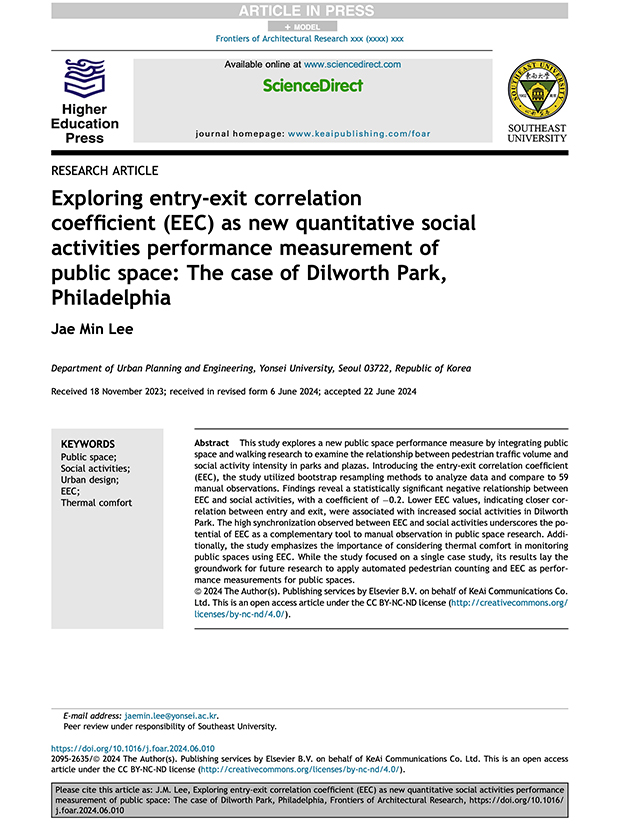 Exploring entry-exit correlation coefﬁcient (EEC) as new quantitative social activities performance measurement of public space: 3